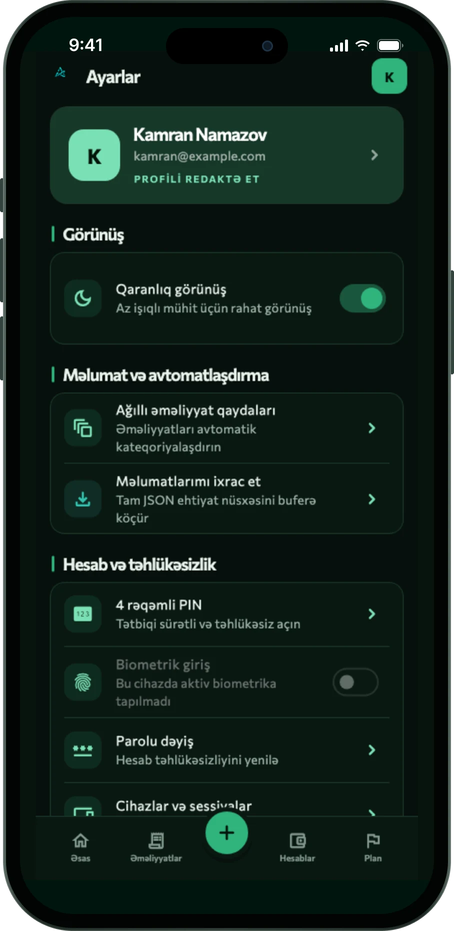 AvroFinance təhlükəsizlik ayarları
